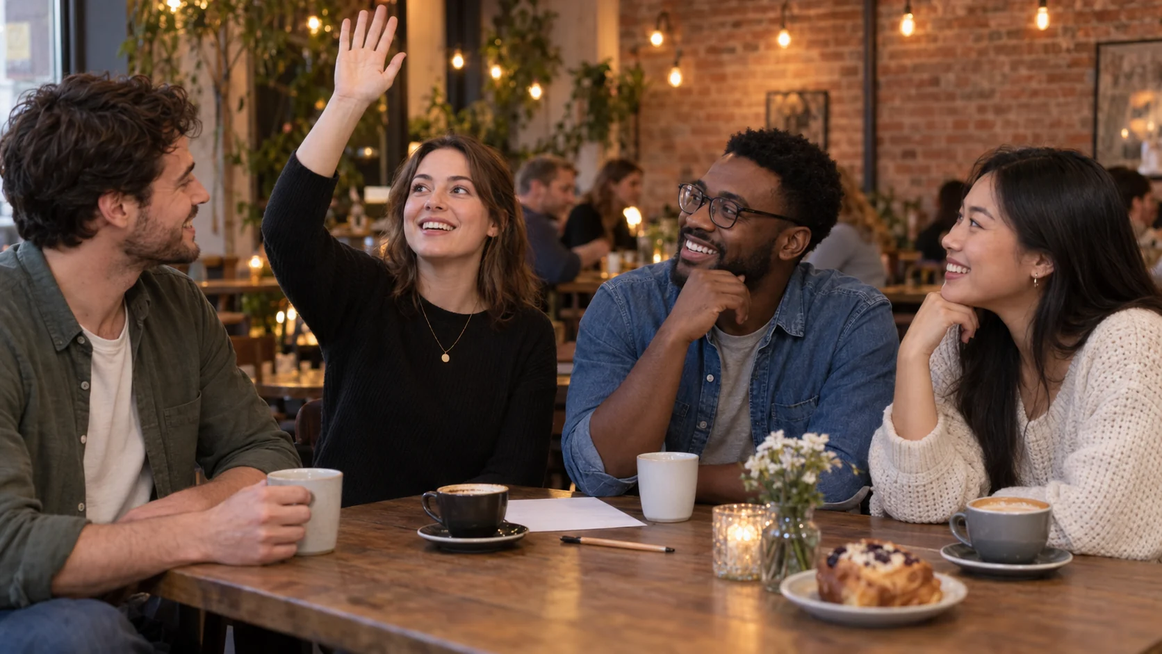 Four friends at a cafe table smiling as one woman raises her hand