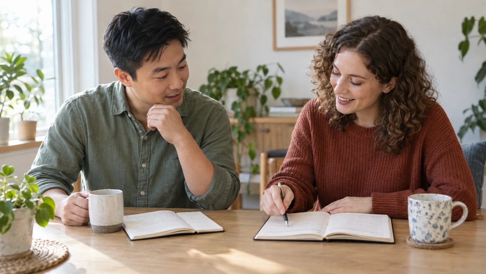 Two adults looking at open notebooks while one points with a pen