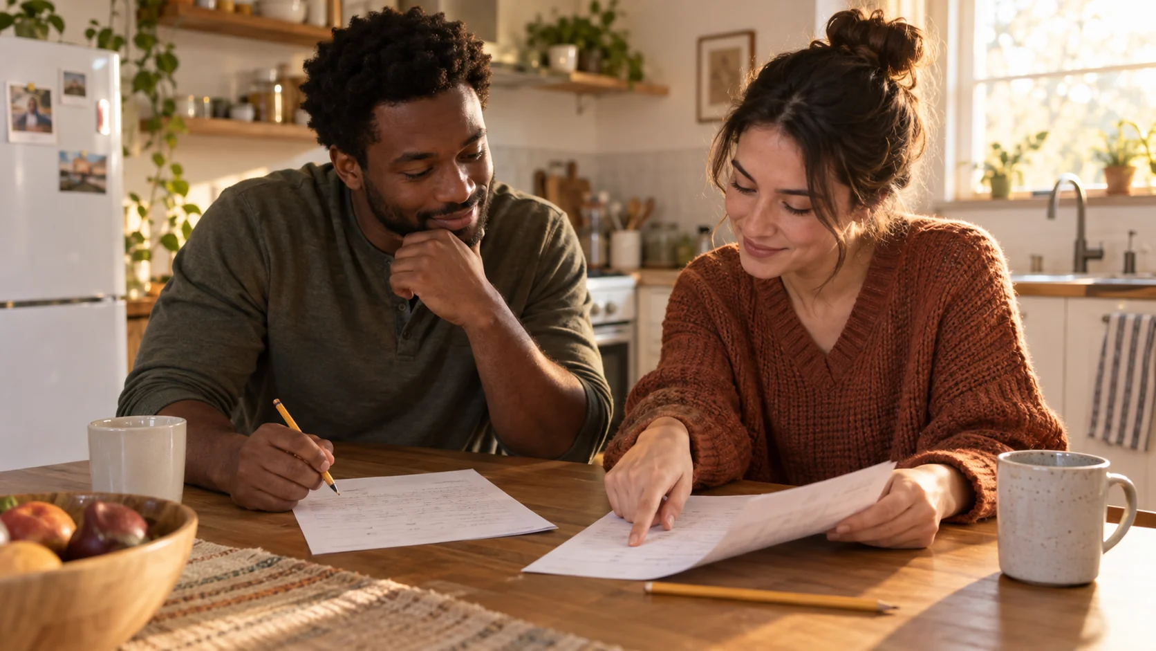 Two friends comparing their completed quiz answer sheets