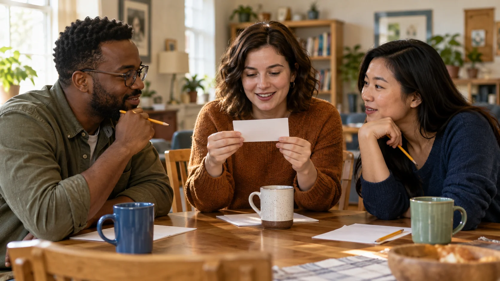 Friends discussing a question while one person reads from a plain card
