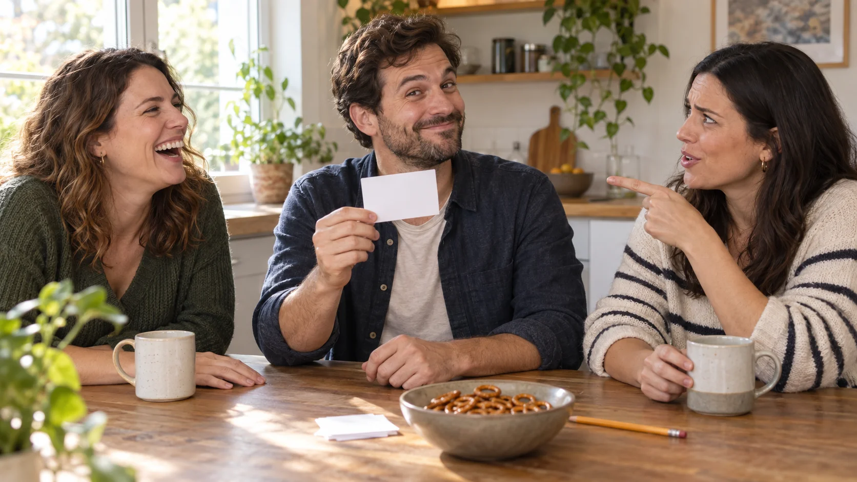 Três amigos numa mesa de cozinha rindo enquanto um deles lê a resposta do quiz em uma ficha