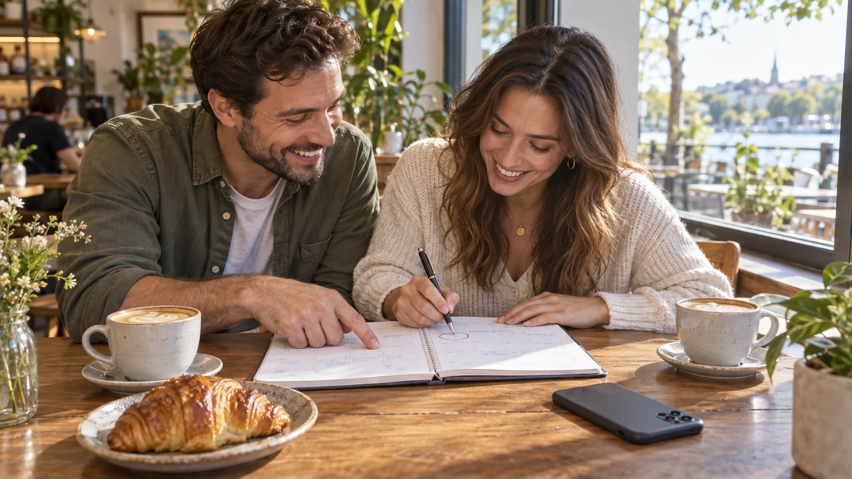 Dois amigos em uma mesa de café marcando datas em uma agenda de papel ao lado de um celular virado para baixo