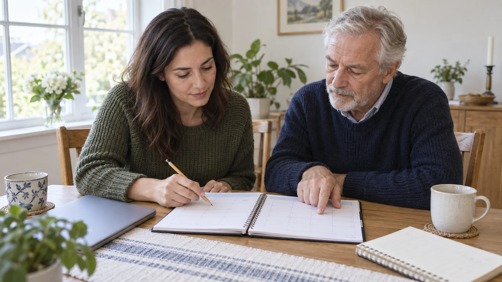 Two adults reviewing a paper calendar before choosing a game reward