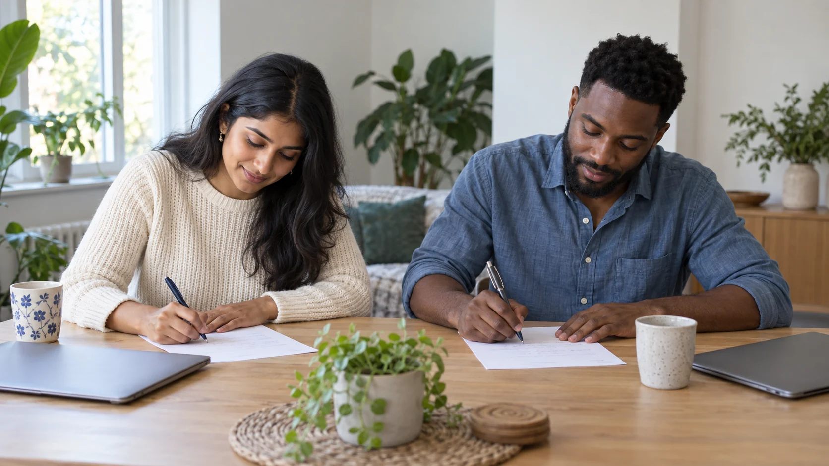 Two adults writing on separate sheets beside closed laptops