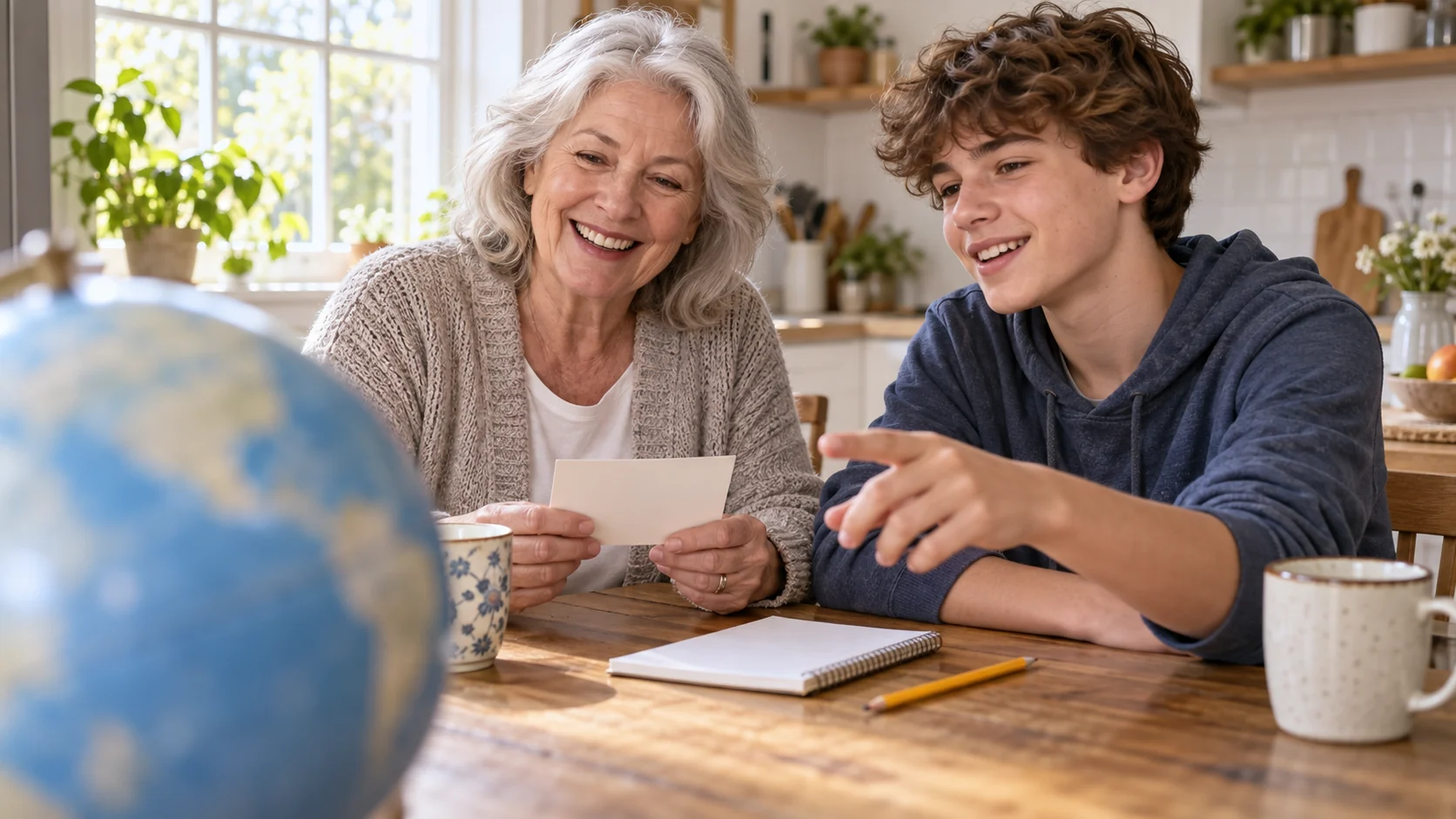 An older woman and a teenage boy smiling at a kitchen table with a blurred globe in the foreground
