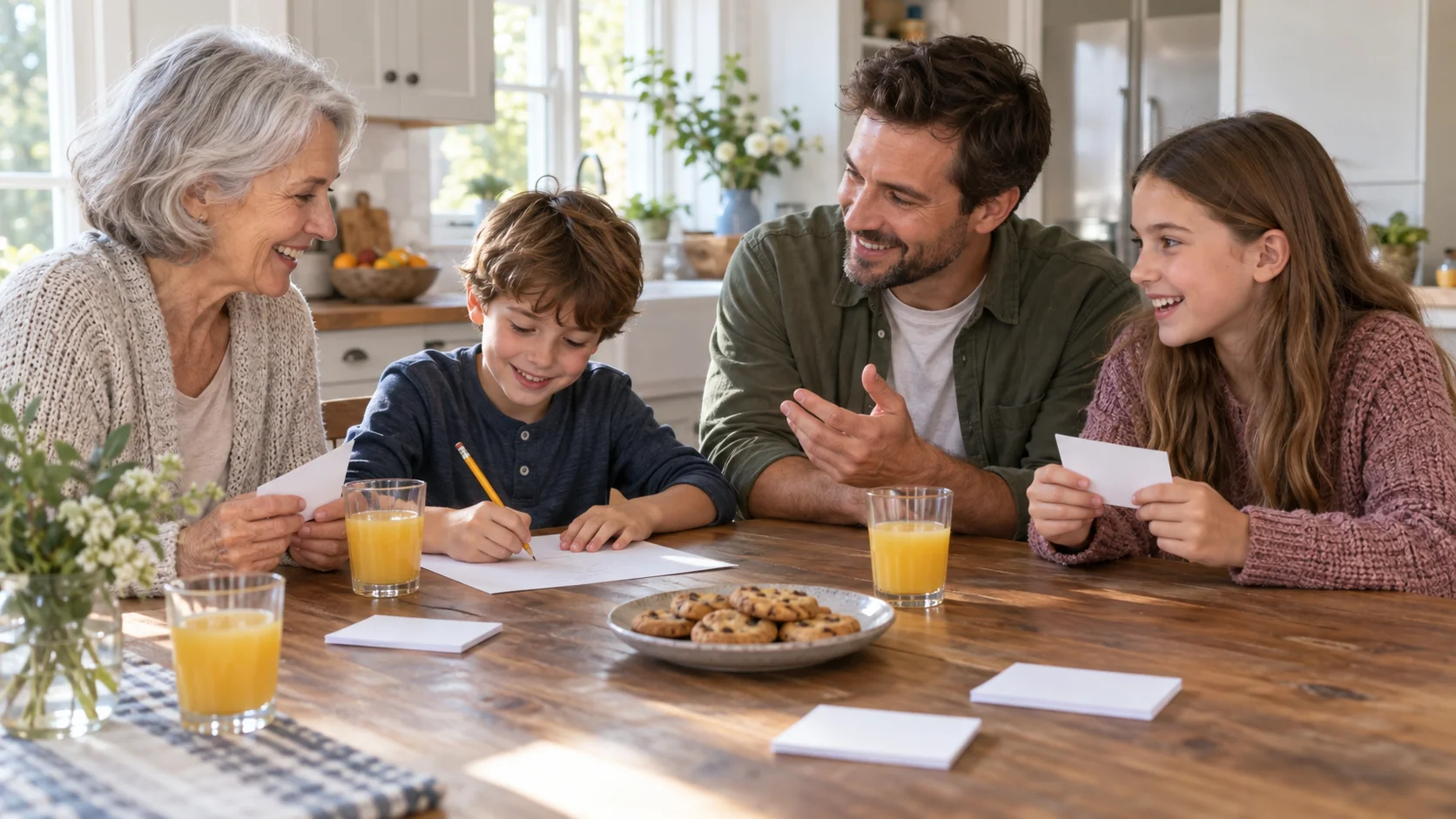 Adults and children around a kitchen table with paper answer sheets