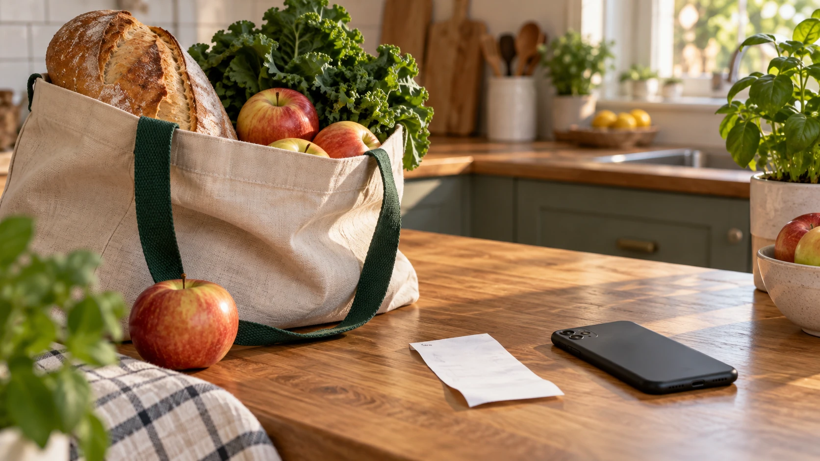 Groceries, a paper receipt and a phone arranged on a kitchen counter