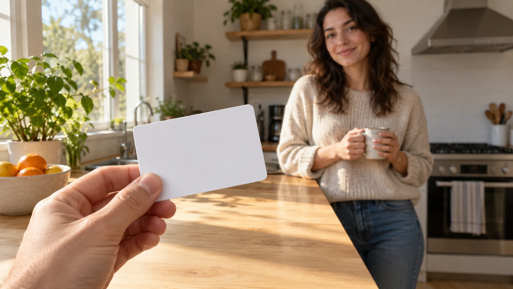 Una mano sosteniendo una tarjeta de regalo lisa sobre la mesada de la cocina