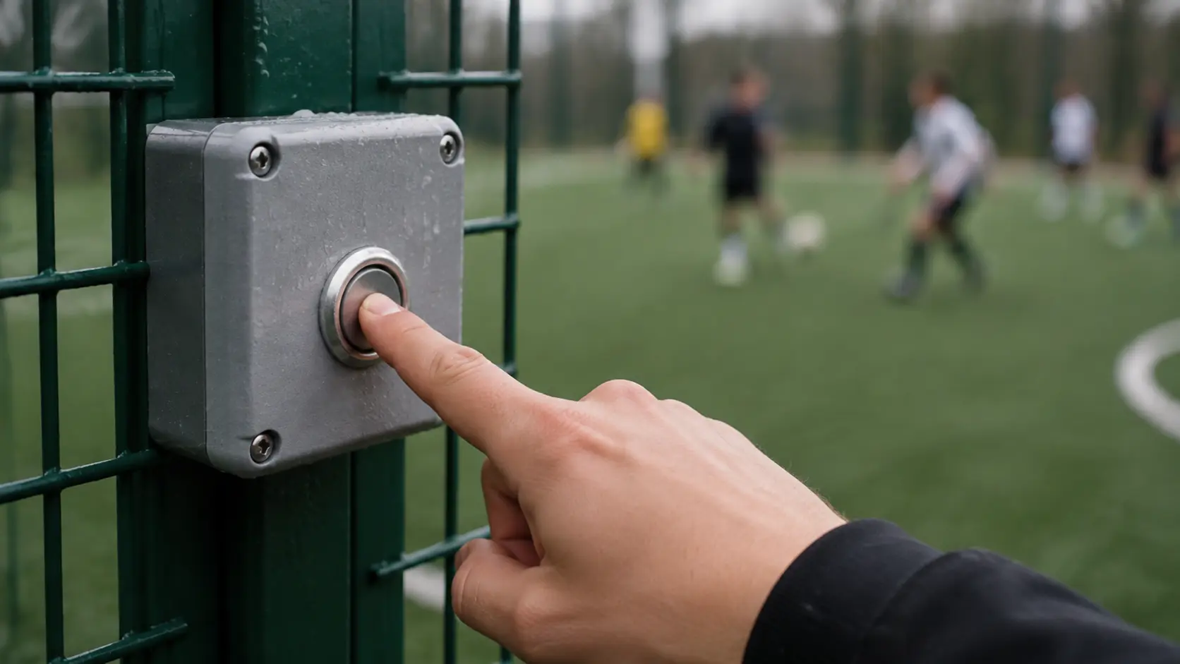 Mano de un jugador apretando un botón físico genérico junto a una cancha de fútbol 7, con el partido desenfocado al fondo