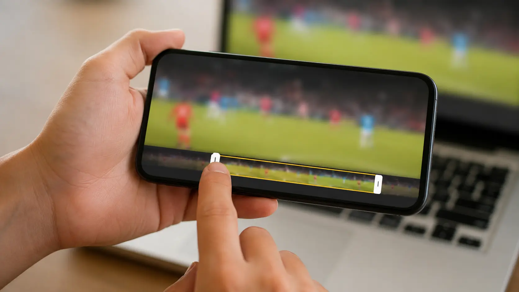 Mano recortando un clip deportivo en un celular con una línea de tiempo genérica y borrosa, mientras una computadora portátil aparece desenfocada al fondo