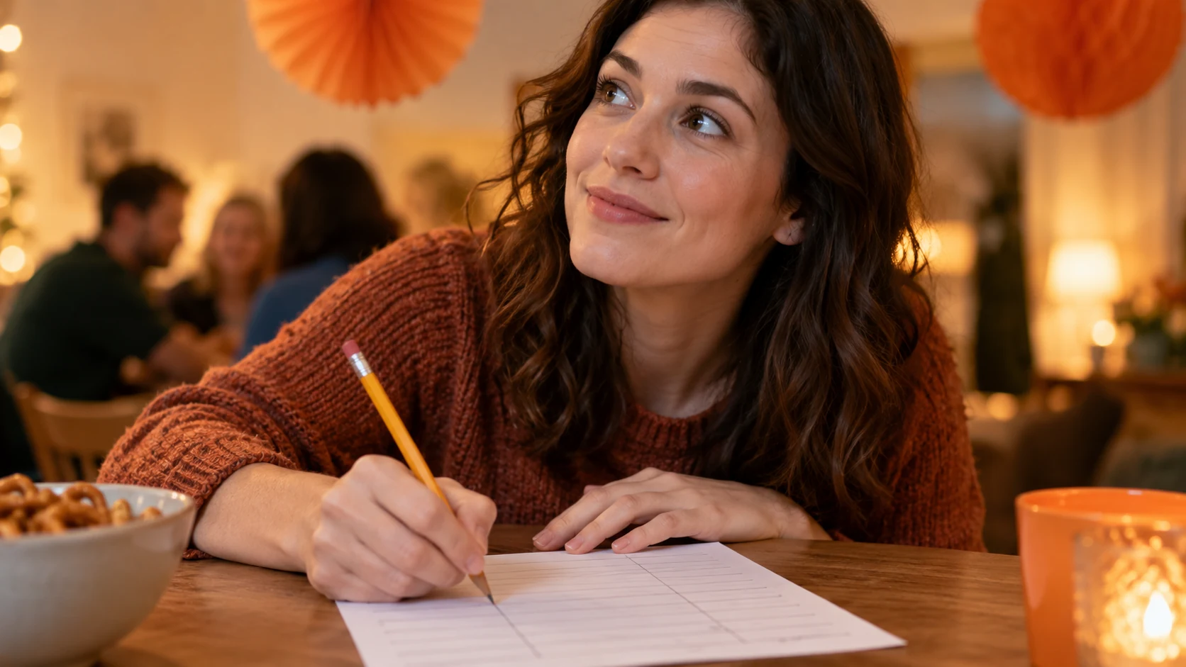 Mão anotando a pontuação dos times em uma folha de papel sobre a mesa, decoração laranja pendurada ao fundo, o rosto da pessoa visível e sorrindo ao levantar os olhos
