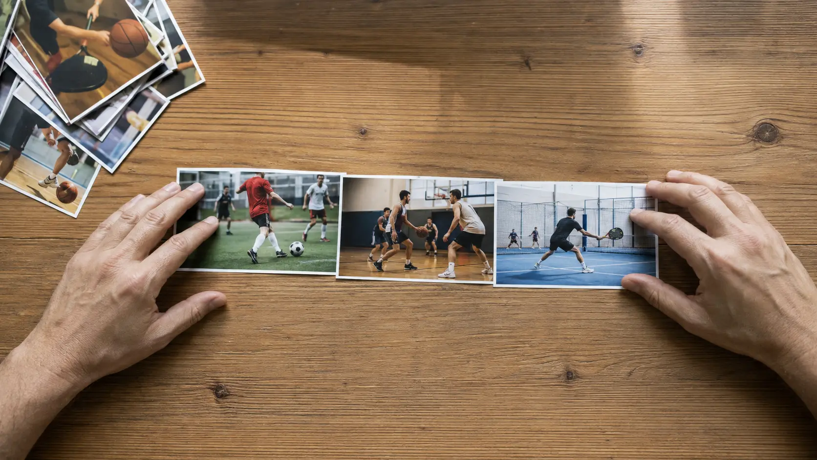 Hands arranging printed frames from sports clips into a simple sequence on a table, with soccer, basketball and racket sport moments visible and no branded interface