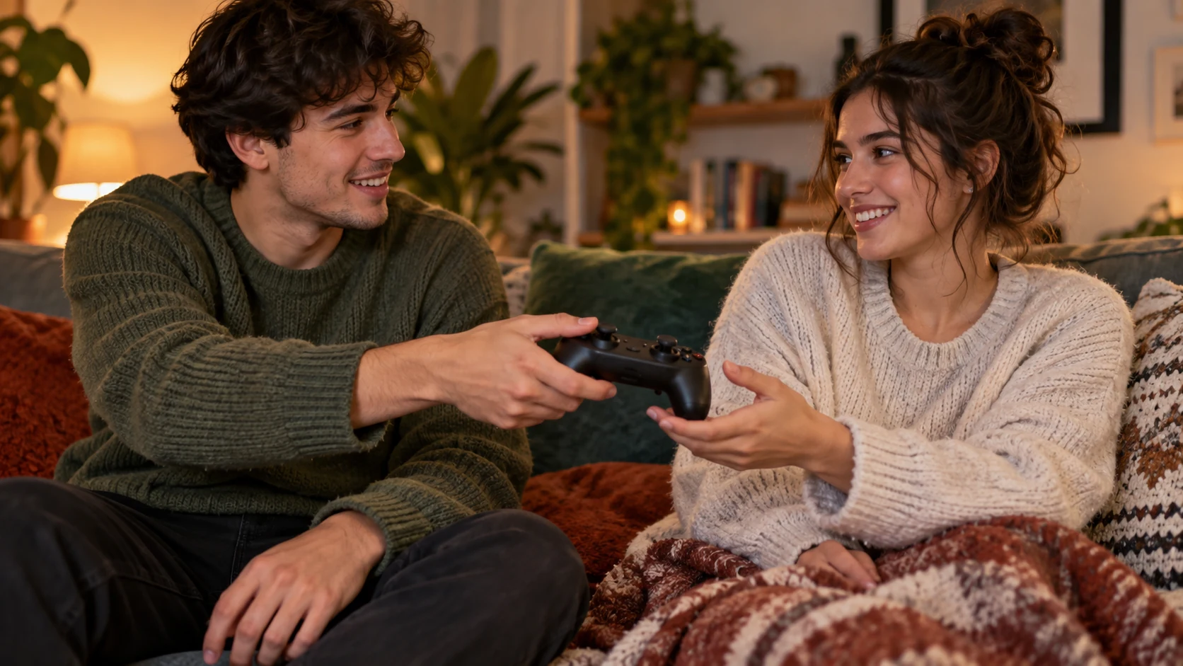 Dos personas en el sofá, una pasando el control a la otra, ambas mirándose y sonriendo