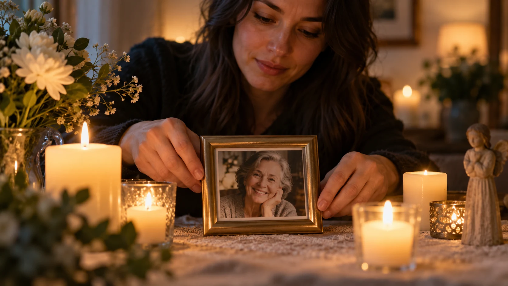 Mãos colocando um retrato emoldurado entre velas acesas sobre uma mesa, com o rosto de uma pessoa visível ao fundo