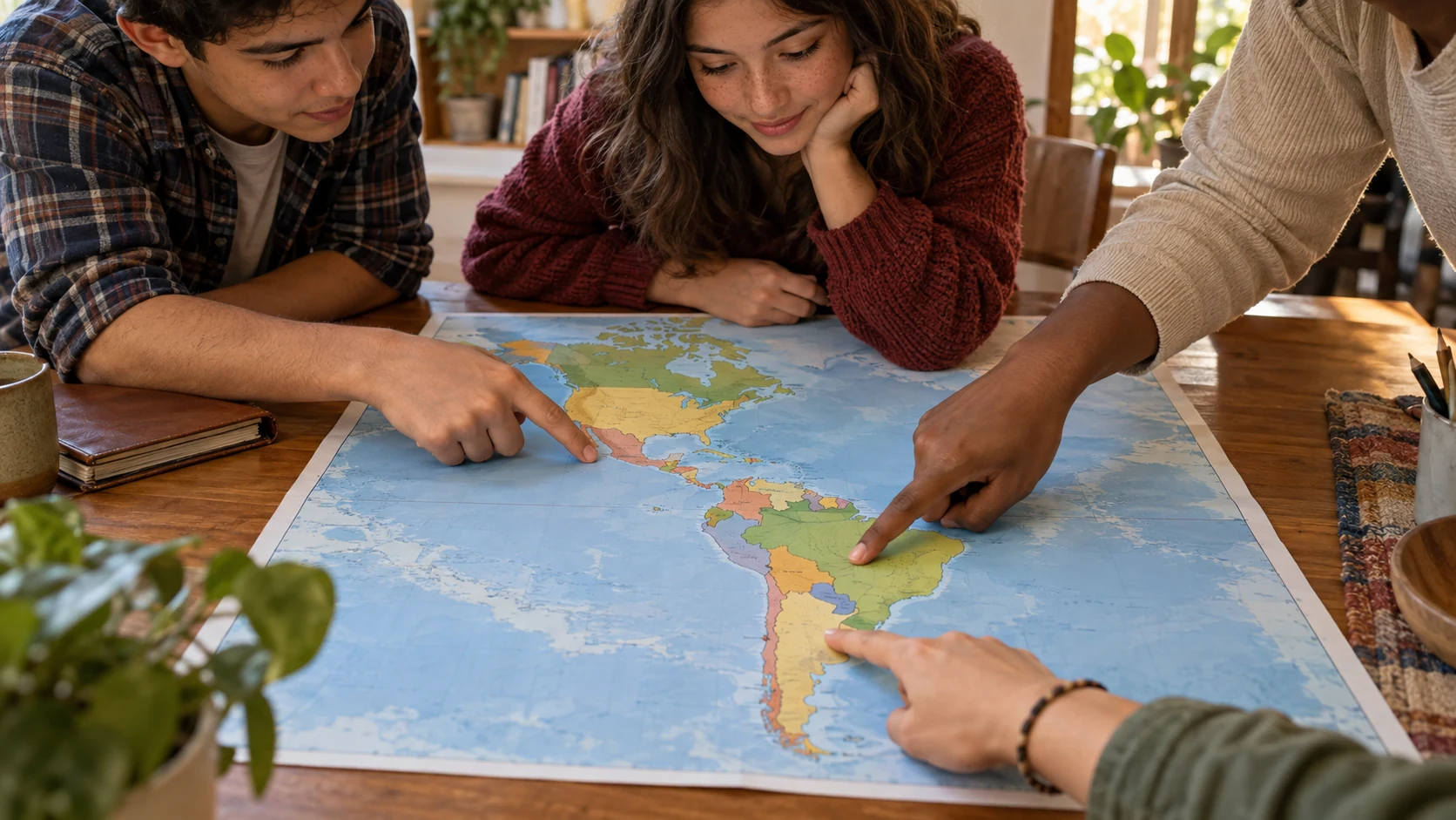 Várias mãos apontando para países diferentes em um mapa de papel das Américas aberto sobre a mesa, com o rosto de uma estudante visível acima