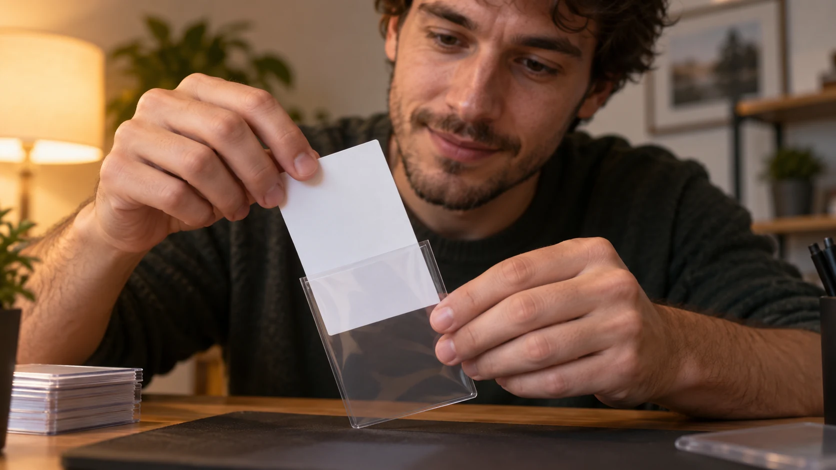 Manos deslizando una carta lisa dentro de un protector plástico transparente sobre el escritorio, con el rostro de una persona visible al fondo