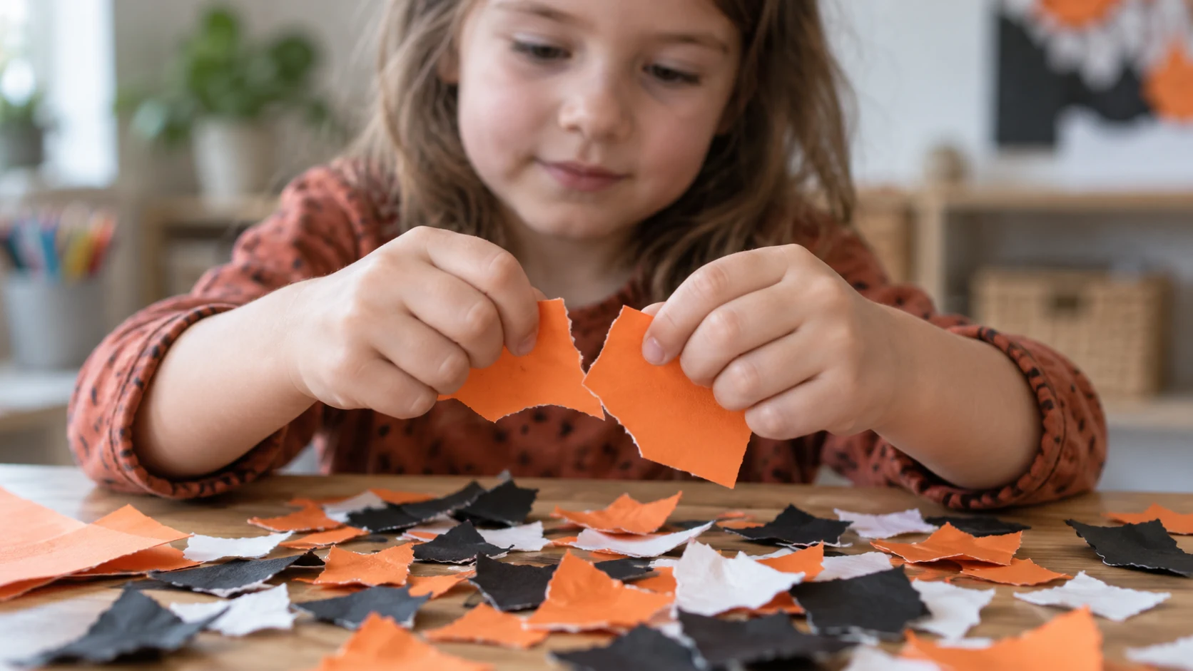 Manos de un niño rasgando papel de colores en formas pequeñas sobre la mesa, con recortes esparcidos por la superficie