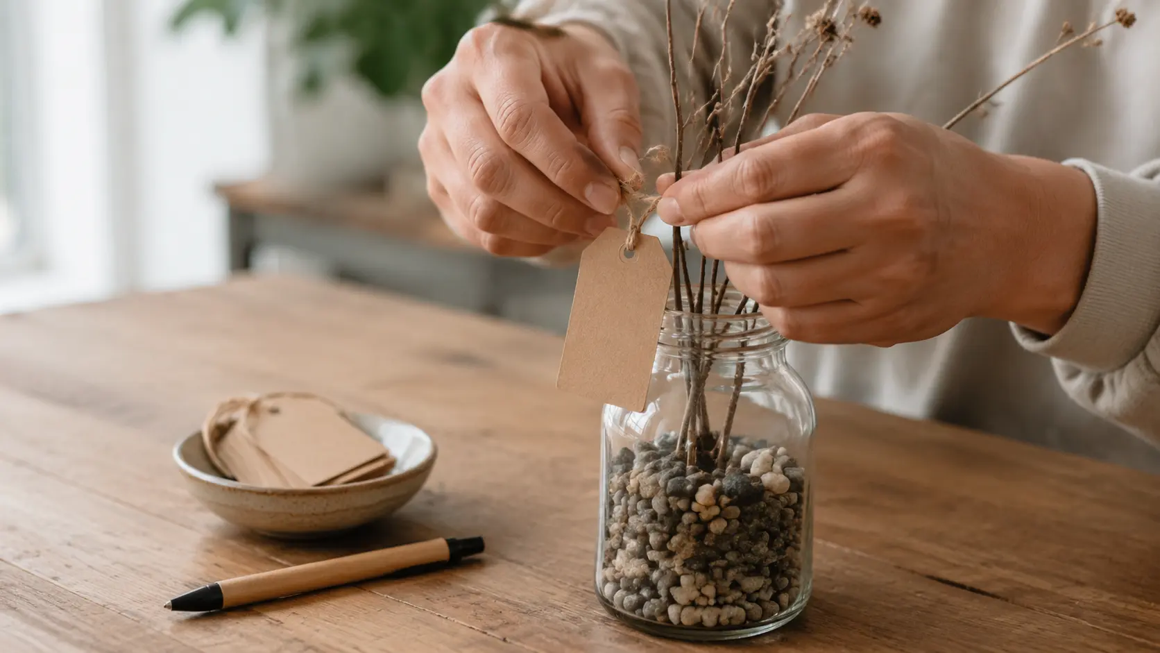 Mãos adultas amarrando com barbante uma pequena etiqueta de papel kraft em branco num galho seco fincado num vidro com pedrinhas, com uma tigela de etiquetas vazias e uma caneta sobre a mesa de madeira ao lado