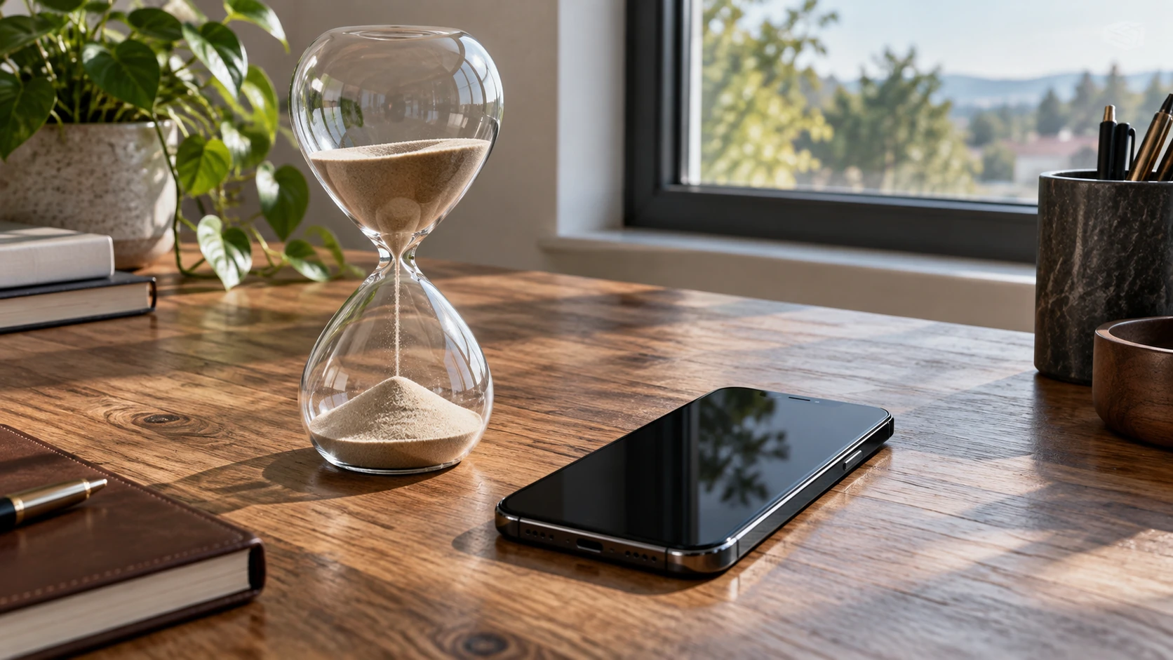 Uma ampulheta sobre uma mesa de madeira ao lado de um celular com a tela de saldo desfocada