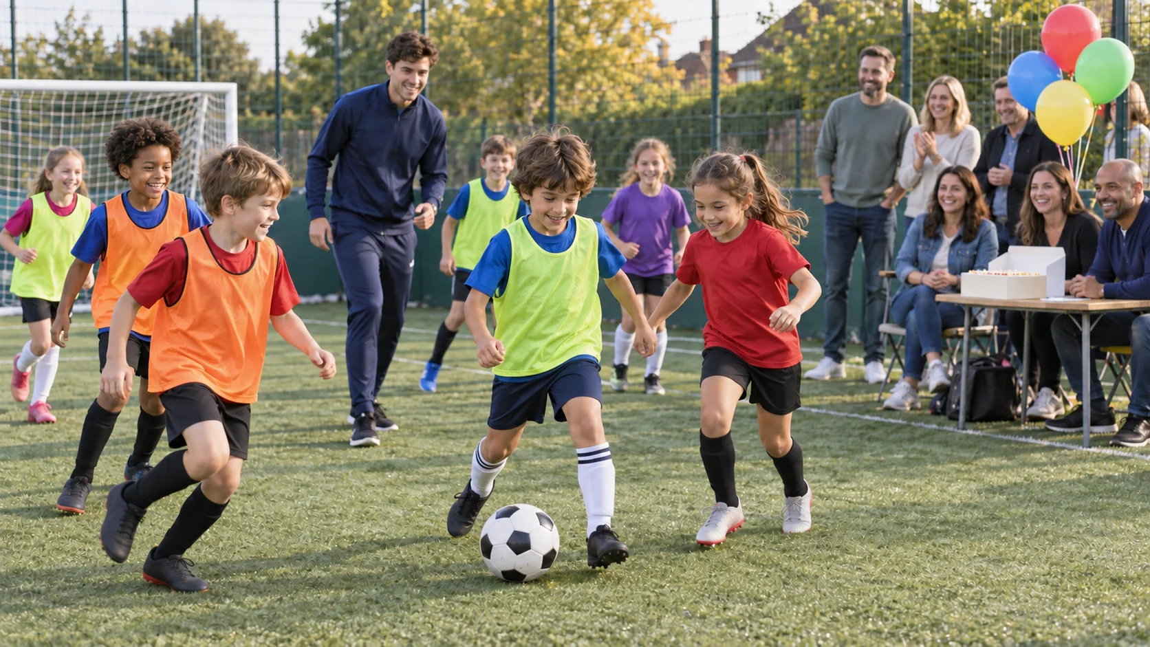 Crianças jogando futebol numa festa de aniversário em campo de society de grama sintética enquanto os pais assistem e conversam numa área lateral com mesa e balões