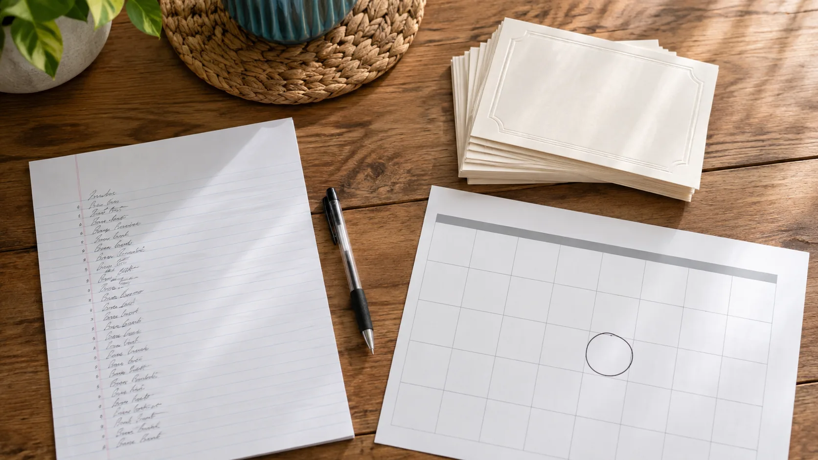 Mesa de cocina con una lista de invitados escrita a mano, una pila de tarjetas de invitación en blanco, un bolígrafo y una hoja de calendario con una fecha marcada con un círculo, vista desde arriba con luz de día