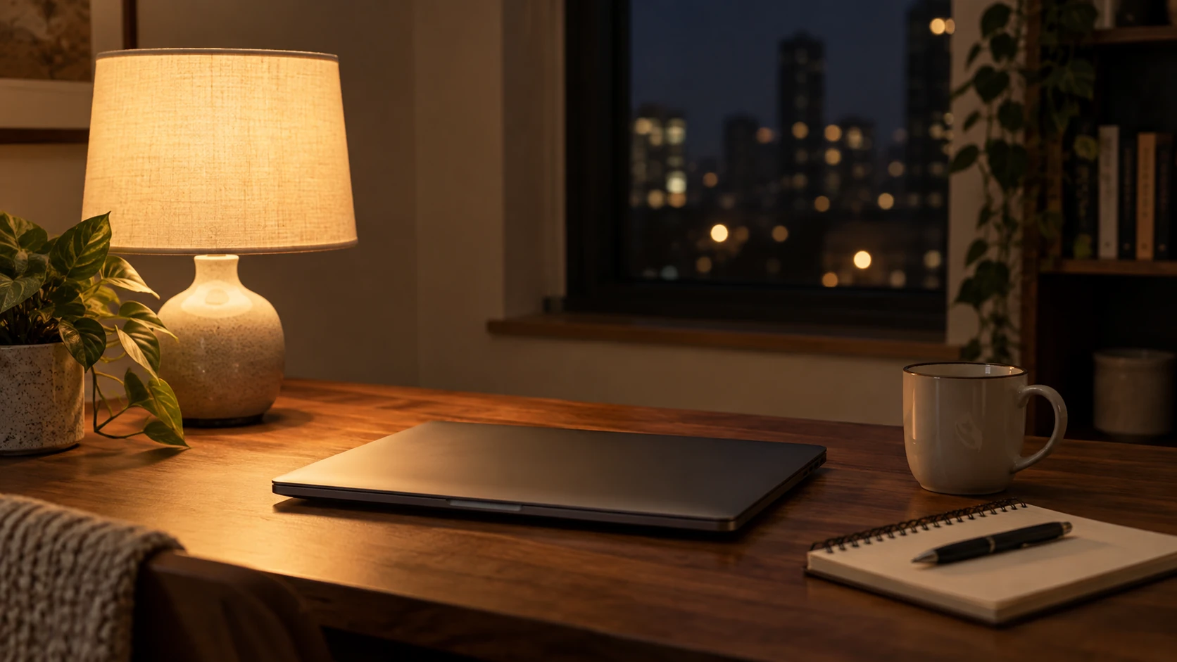 Computadora portátil cerrada sobre un escritorio de noche junto a una lámpara encendida, sin texto visible en ninguna pantalla