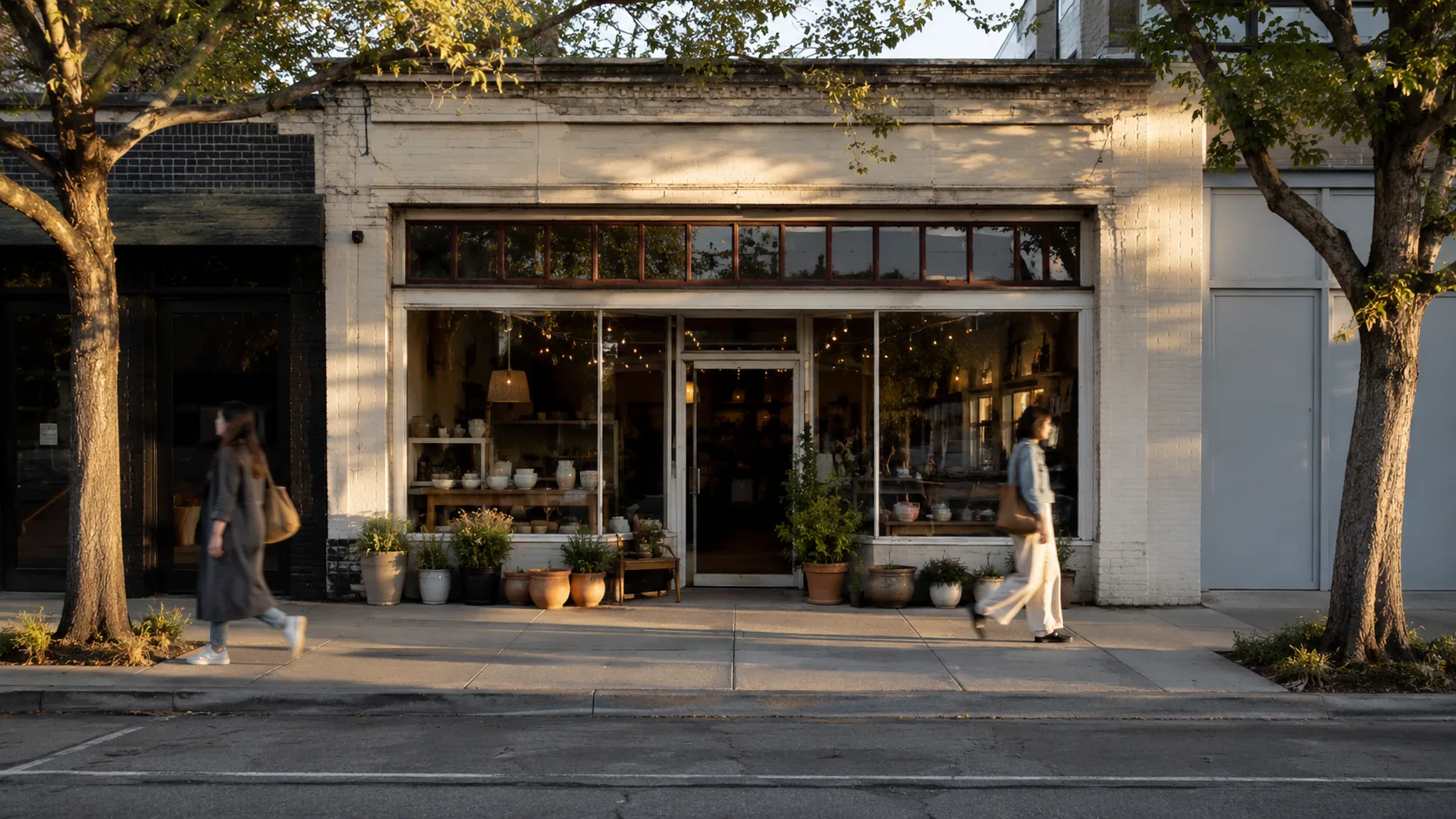 A local storefront seen from across the sidewalk as several people pass by, with faces not prominent and no readable signs