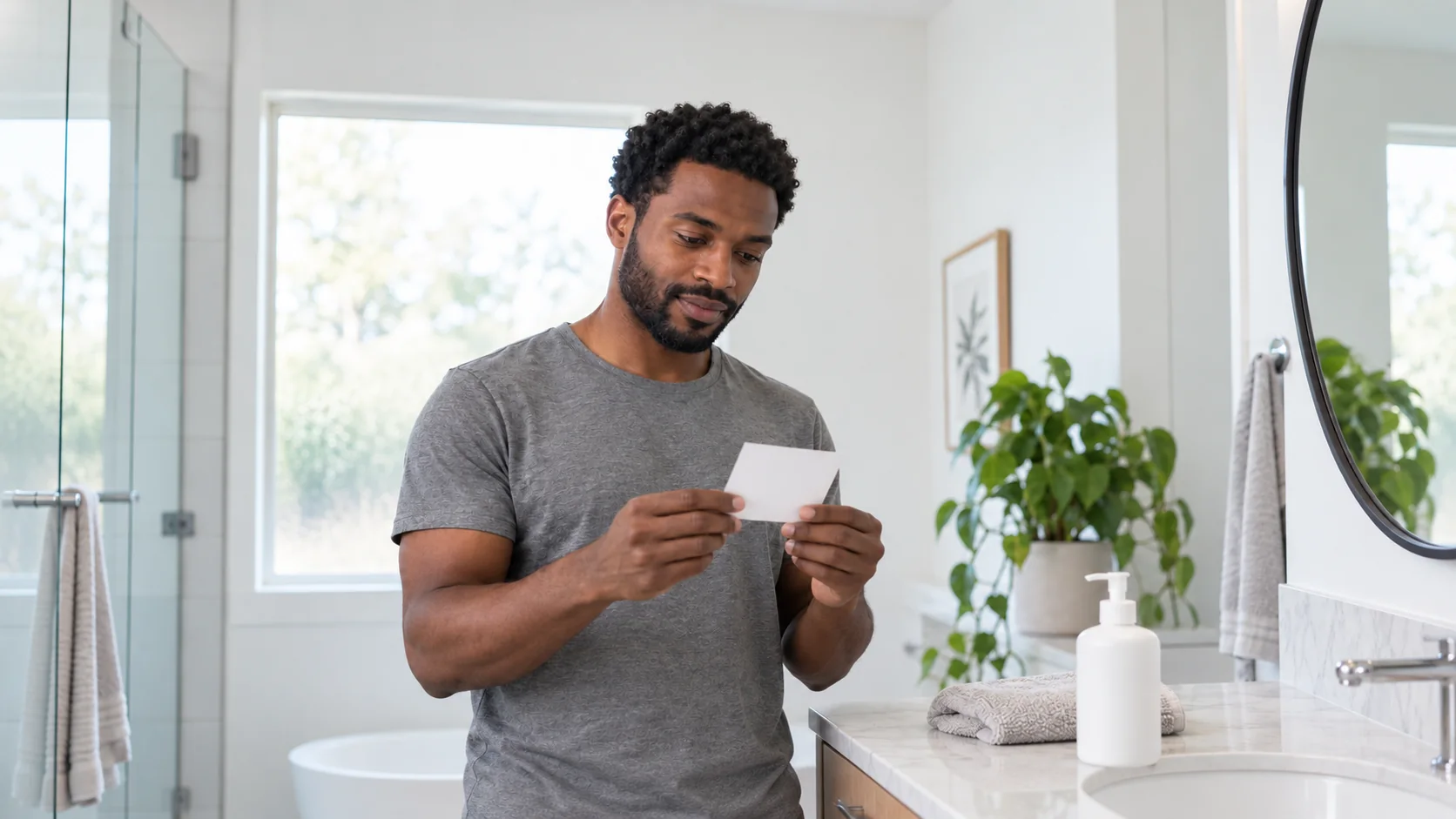 Man looking at a paper card beside an unlabeled pump bottle on a bathroom counter