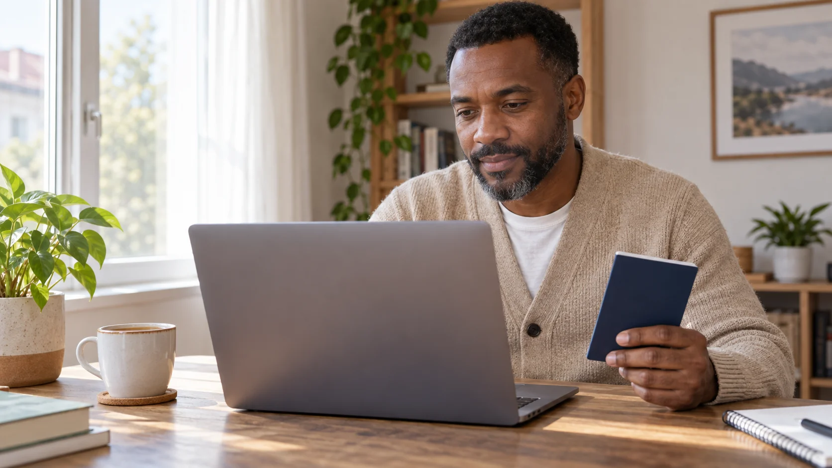 Adult reviewing reward terms on a laptop with the screen turned away