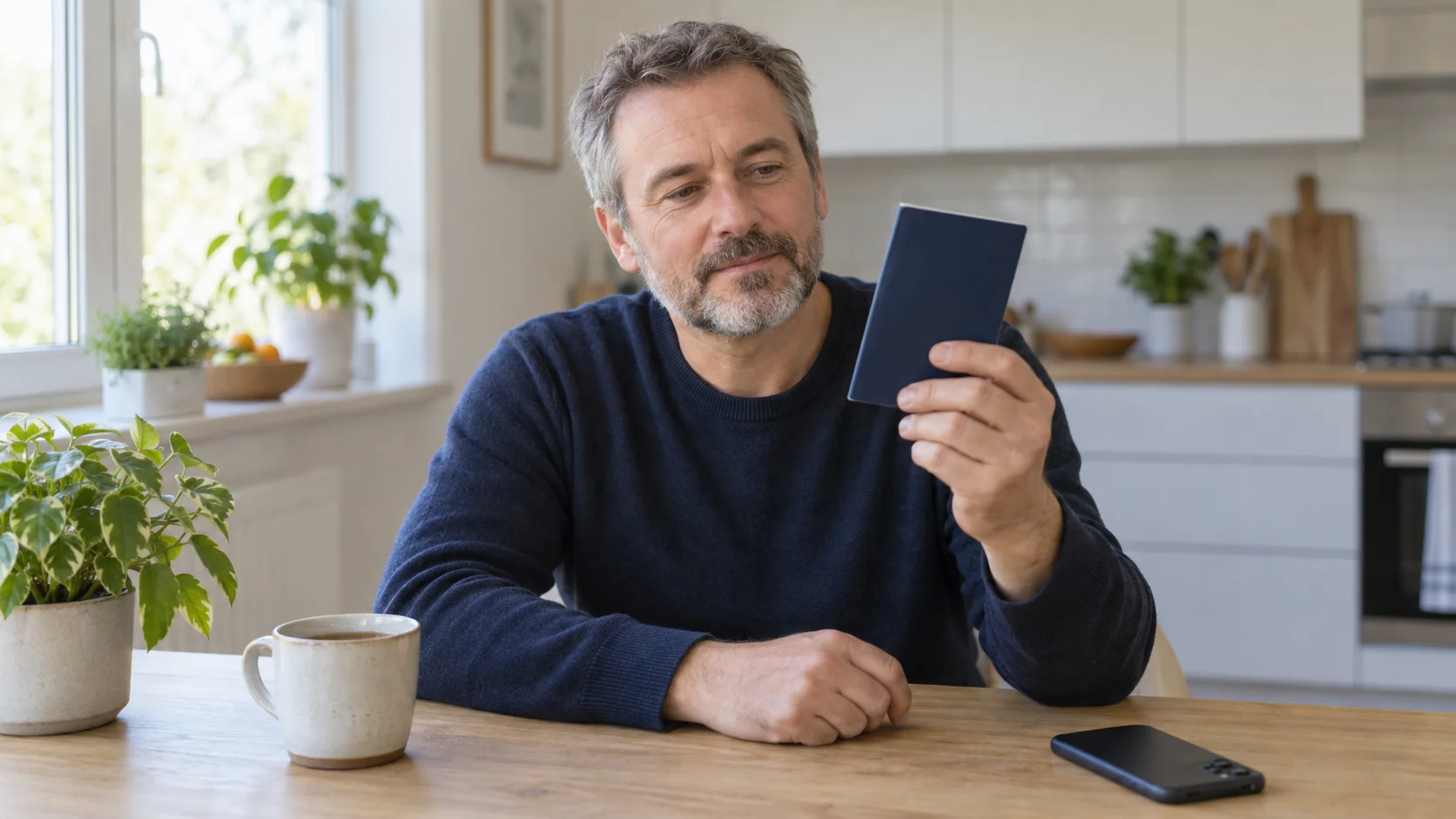Homem em uma mesa de cozinha segurando o passaporte e se preparando para uma verificação de identidade on-line