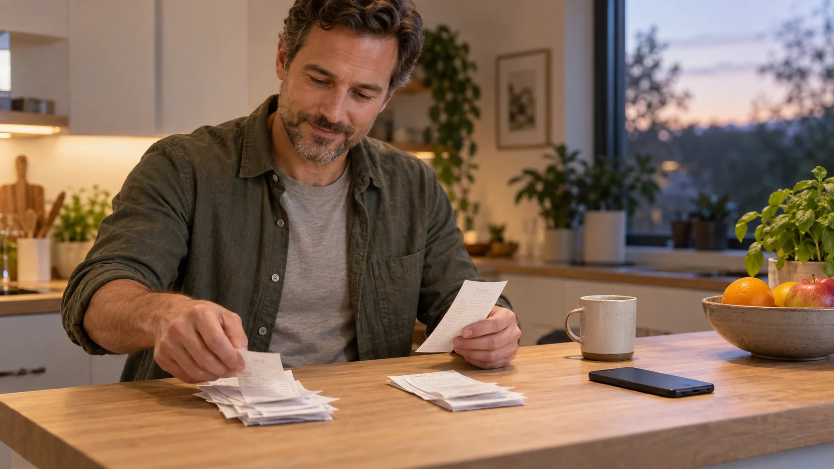 Man at a kitchen counter sorting paper receipts next to his phone and a coffee mug