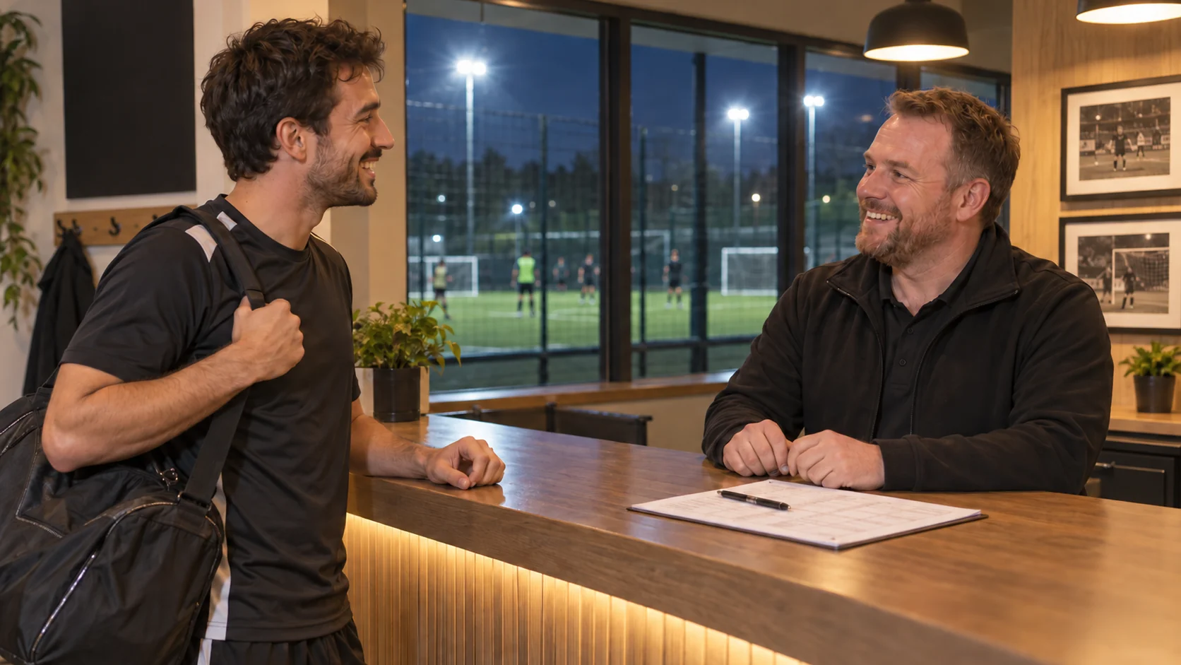 Encargado en el mostrador de recepción de un complejo de fútbol 5 conversando con el organizador de un grupo fijo, los dos sonriendo, con una planilla de reservas en papel sobre el mostrador