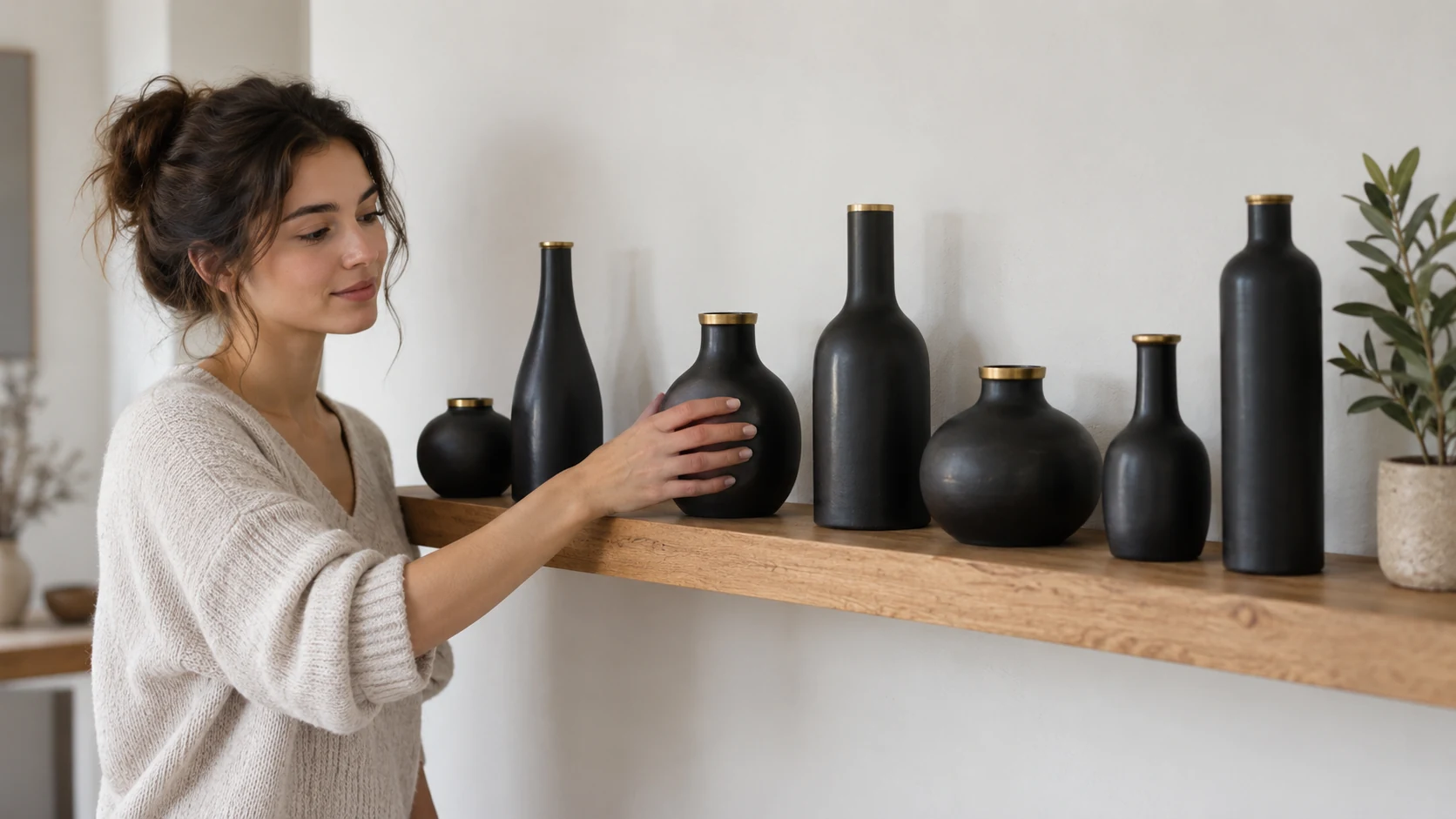 Peças decorativas em preto fosco e latão dispostas numa prateleira, com uma pessoa ao lado ajustando uma delas, rosto visível