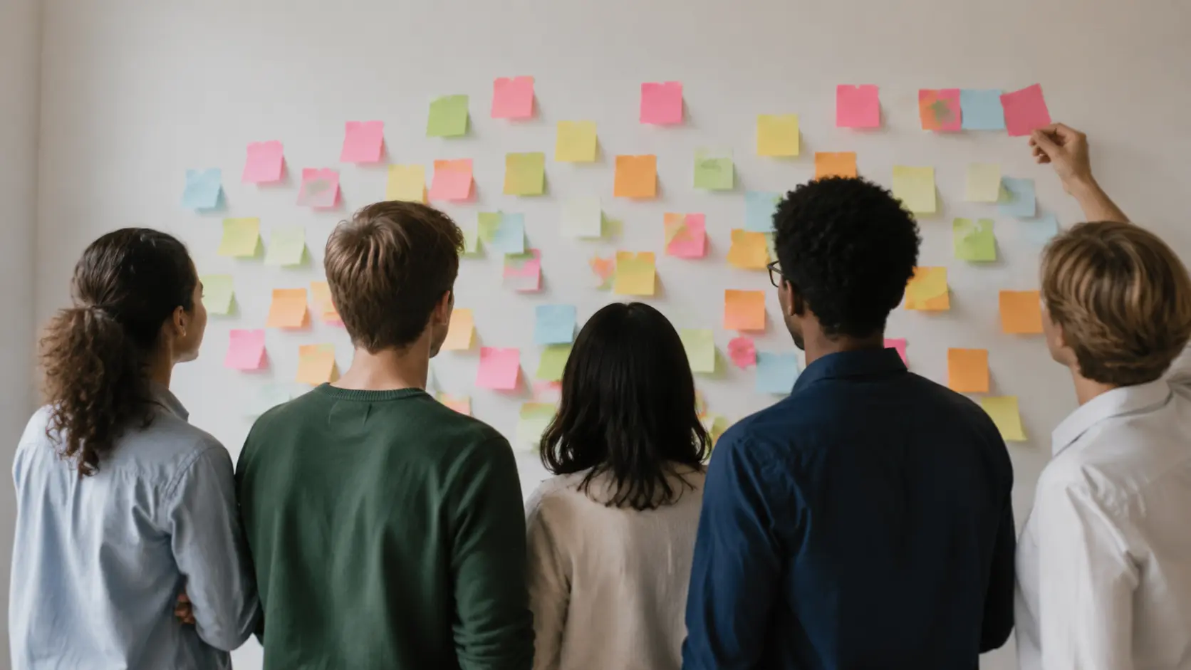 Pared de una sala de reuniones cubierta de notas adhesivas de colores, vista por encima de los hombros de un pequeño grupo de personas de espaldas a la cámara, con una mano alzada pegando otra nota