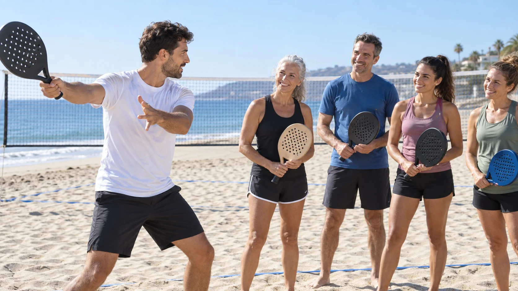 Profesor dirigiendo una clase de beach tennis para principiantes por la mañana, con un grupo pequeño de adultos de distintas edades en una cancha de arena soleada