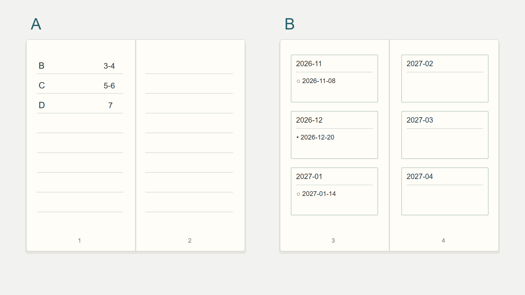 Dos esquemas originales de cuaderno marcados A y B, con páginas numeradas para índice y registro futuro en seis partes
