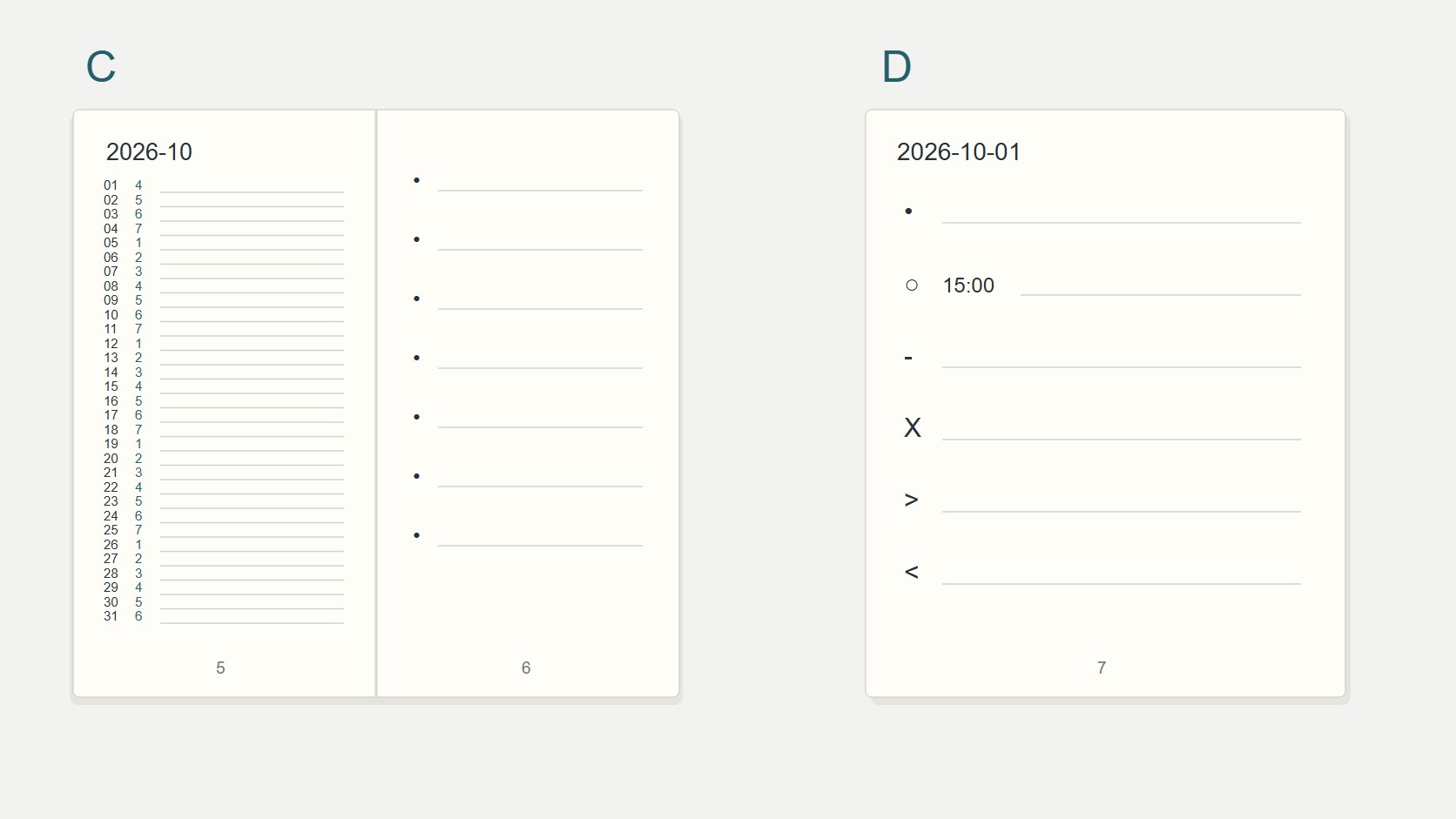 Dos esquemas originales de cuaderno marcados C y D, con lista mensual y registro diario fechado con símbolos