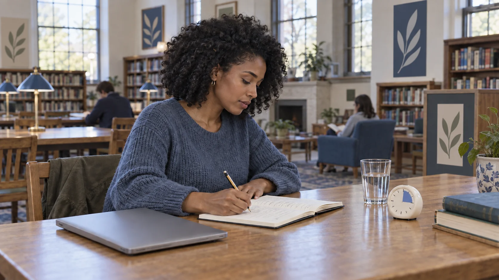 Pessoa anotando uma sessão online curta num caderno ao lado de um cronômetro e um notebook fechado
