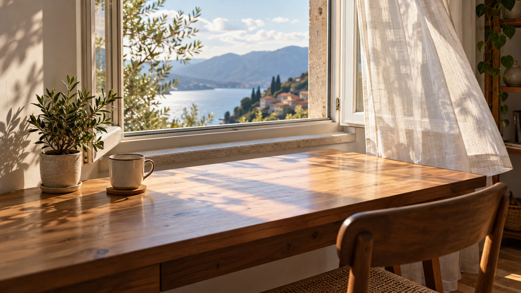 Un escritorio de madera despejado junto a una ventana abierta, con una planta pequeña y una taza, luz de tarde sobre la superficie