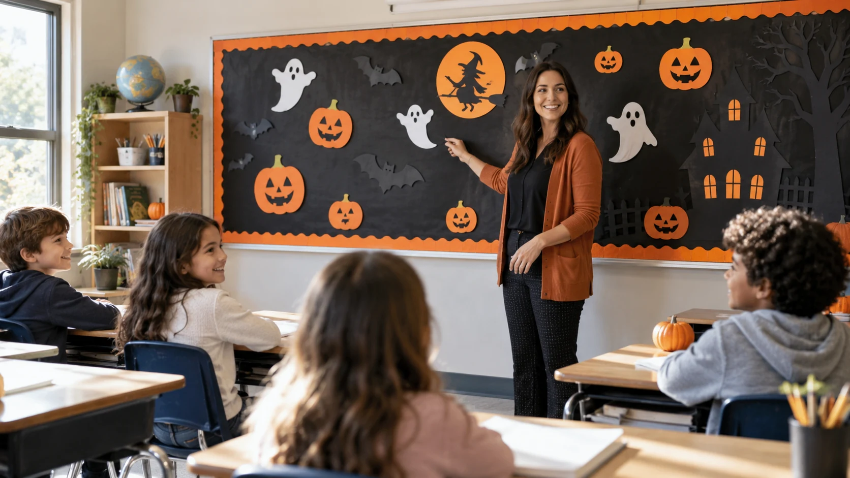 Decoración de papel naranja y negra sujeta en el pizarrón del aula, con alumnos visibles al fondo en sus pupitres mirando al frente