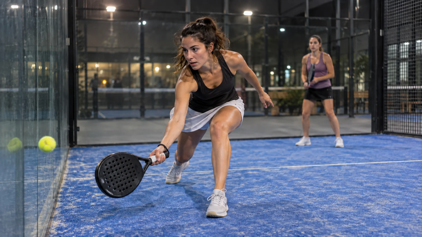 Jogadora amadora de padel se abaixando para devolver uma bola que acabou de voltar do vidro do fundo, com a parceira observando do outro lado de uma quadra coberta com luz de noite