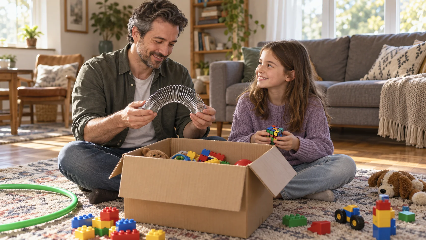 Mãe ou pai e criança sentados no tapete da sala separando uma caixa de brinquedos clássicos com mola, cubo quebra-cabeça e blocos de montar