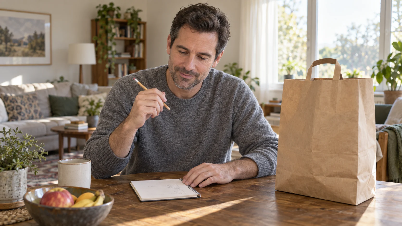 Person checking shopping plans and a notebook at home