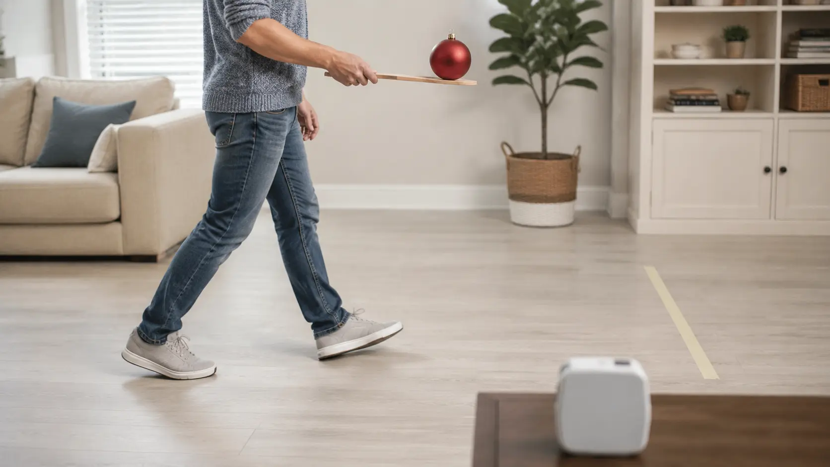 Persona vista de lado llevando una bola de Navidad de plástico en una cuchara por el suelo de un salón hacia una tira de cinta de pintor, con un temporizador de cocina sobre una mesa baja en primer plano