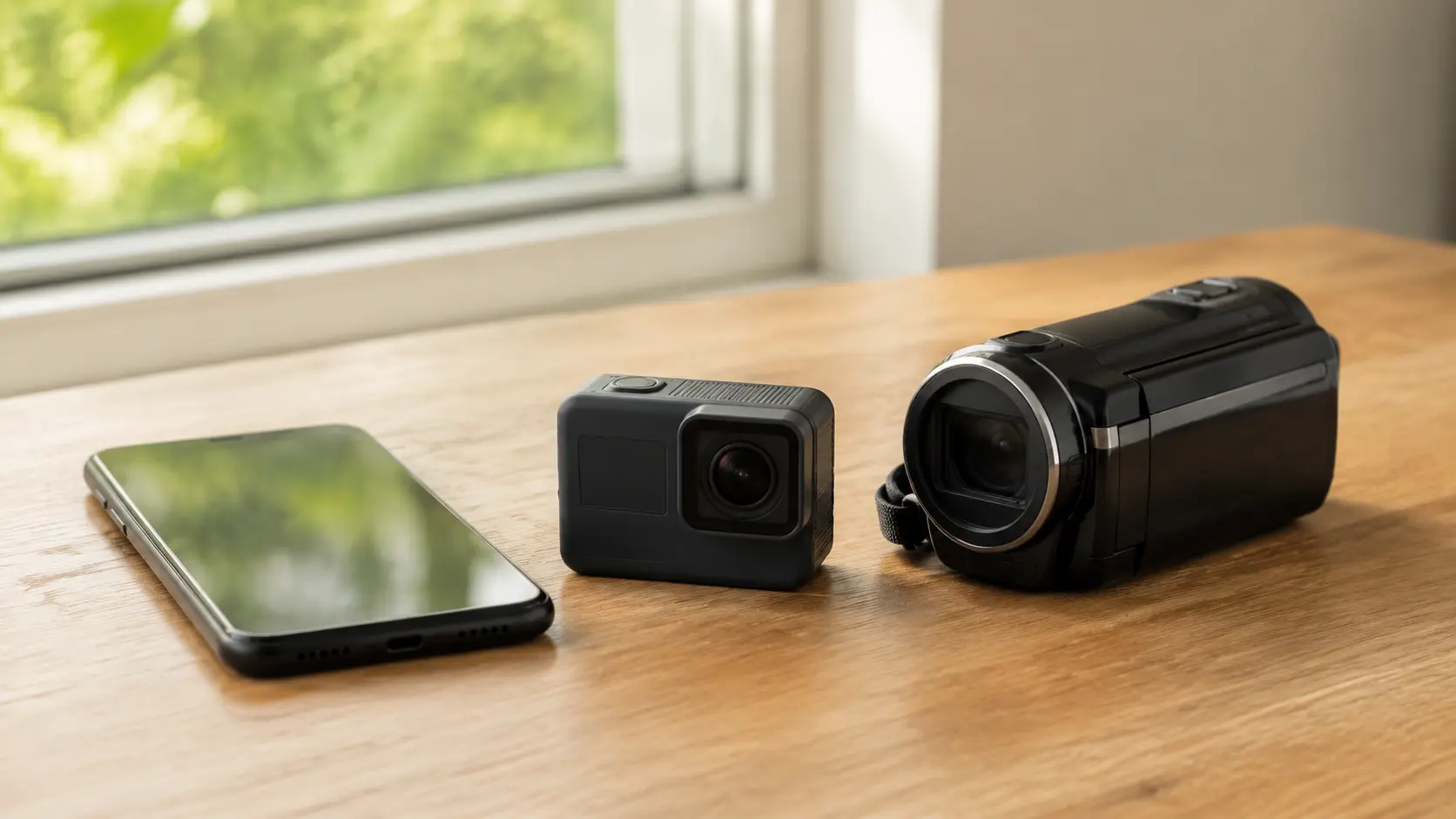 Celular, action cam genérica y videocámara compacta sin marcas colocados lado a lado sobre una mesa de madera junto a una ventana