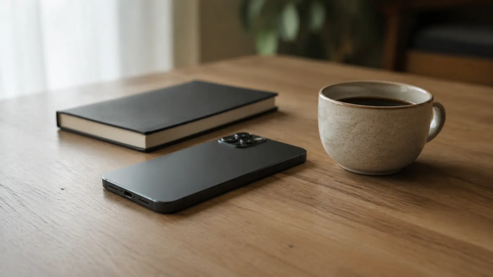 Móvil boca abajo sobre un escritorio de madera sencillo junto a un cuaderno cerrado y una taza de café, visto desde un ángulo bajo con luz suave de ventana, sin pantalla visible