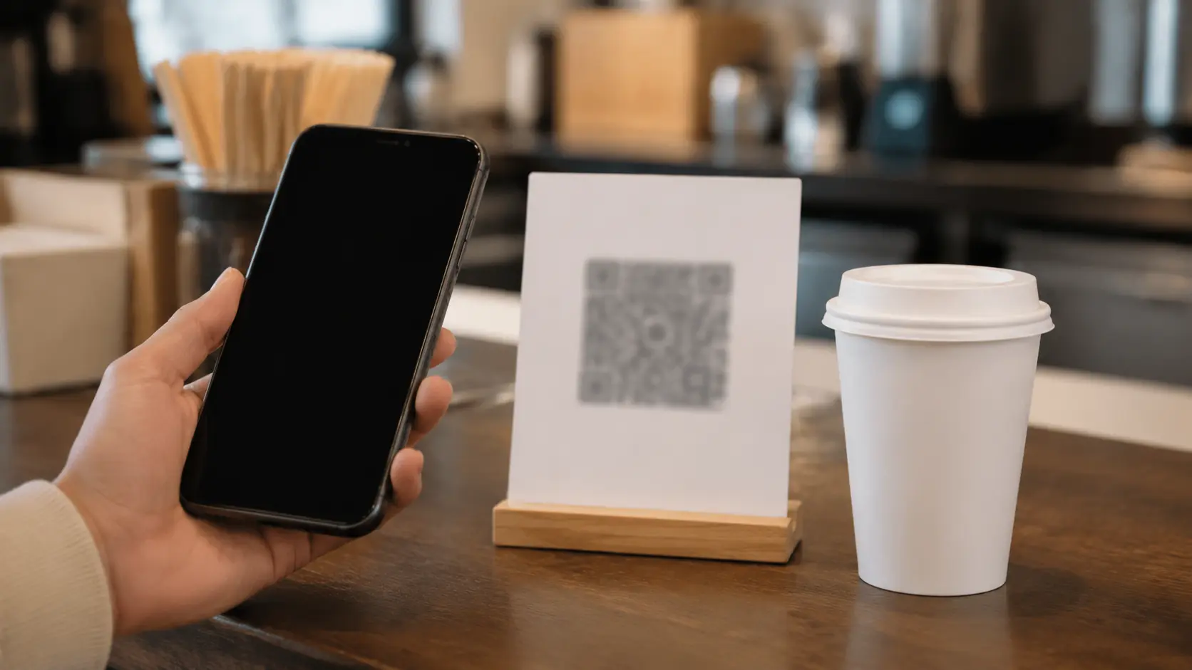 Mano sosteniendo un teléfono cerca de un pequeño cartel de mostrador sin marca, junto a un vaso de café para llevar sin logotipo visible