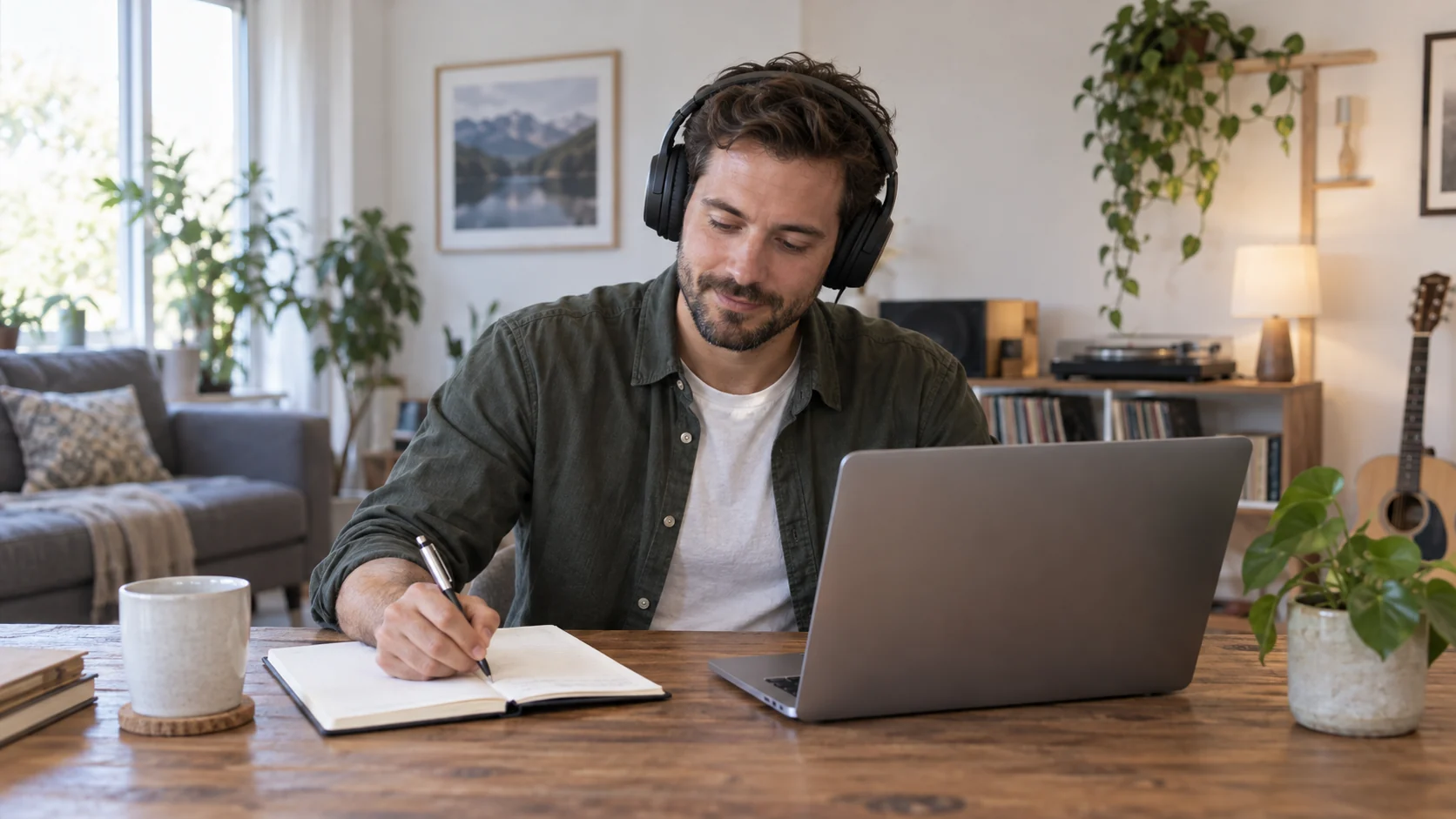 Man wearing headphones and writing in a notebook beside the back of a laptop