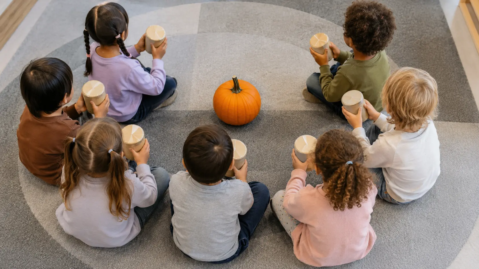 Crianças de educação infantil vistas de costas, sentadas em roda num tapete em volta de uma única abóbora pequena, segurando chocalhos caseiros, numa sala clara