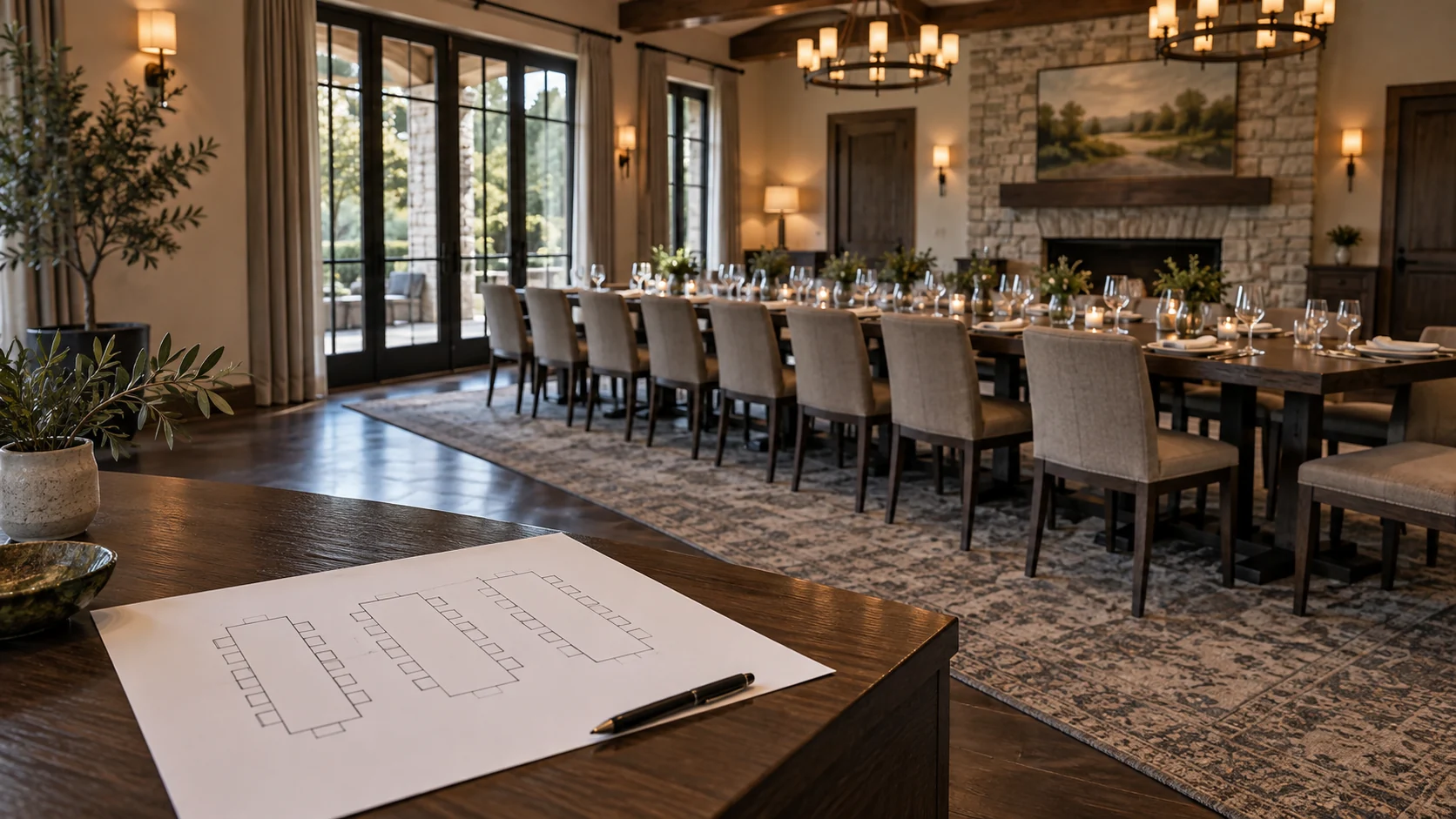 Empty private dining room with tables and an unlabeled layout sketch